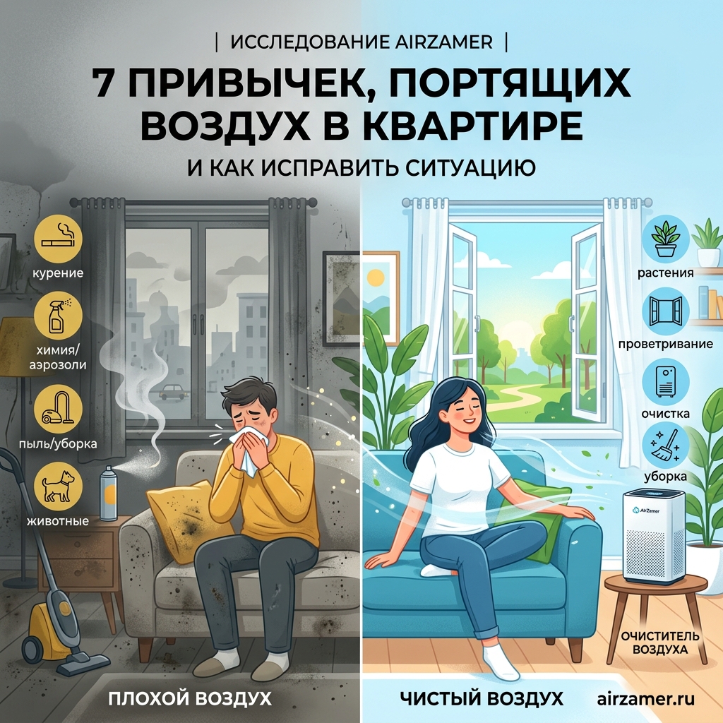Наглядное сравнение двух микроклиматов в квартире. Слева — последствия 7 вредных привычек: закрытые окна, химические аэрозоли, пыль и спертый воздух, вызывающий кашель. Справа — идеальная картина: свежесть, регулярное проветривание, чистота и работающий очиститель воздуха Airzamer.